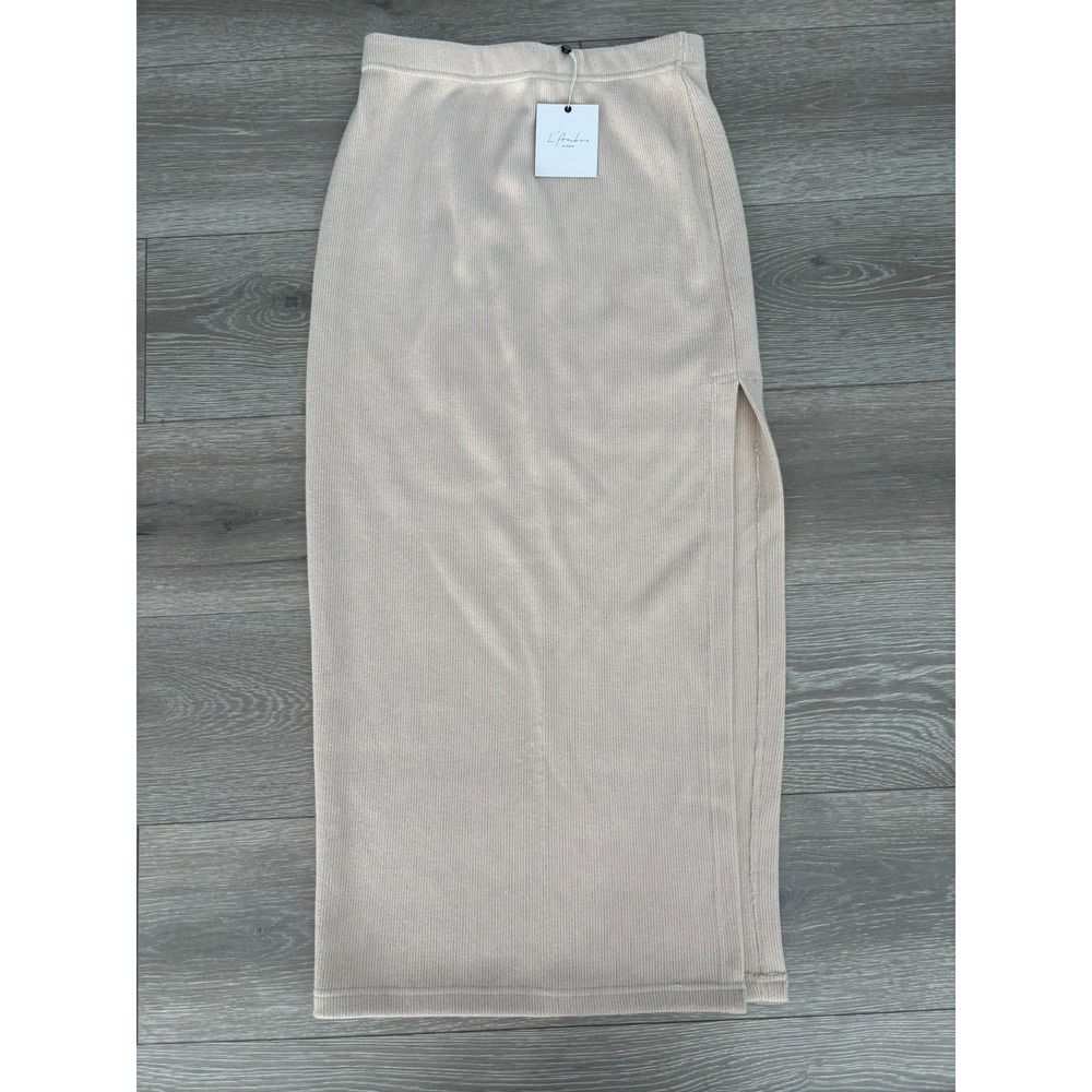 NWT L'Academie Womens Beige Side Slit Ribbed Knit Pencil Mia Midi Skirt Size M